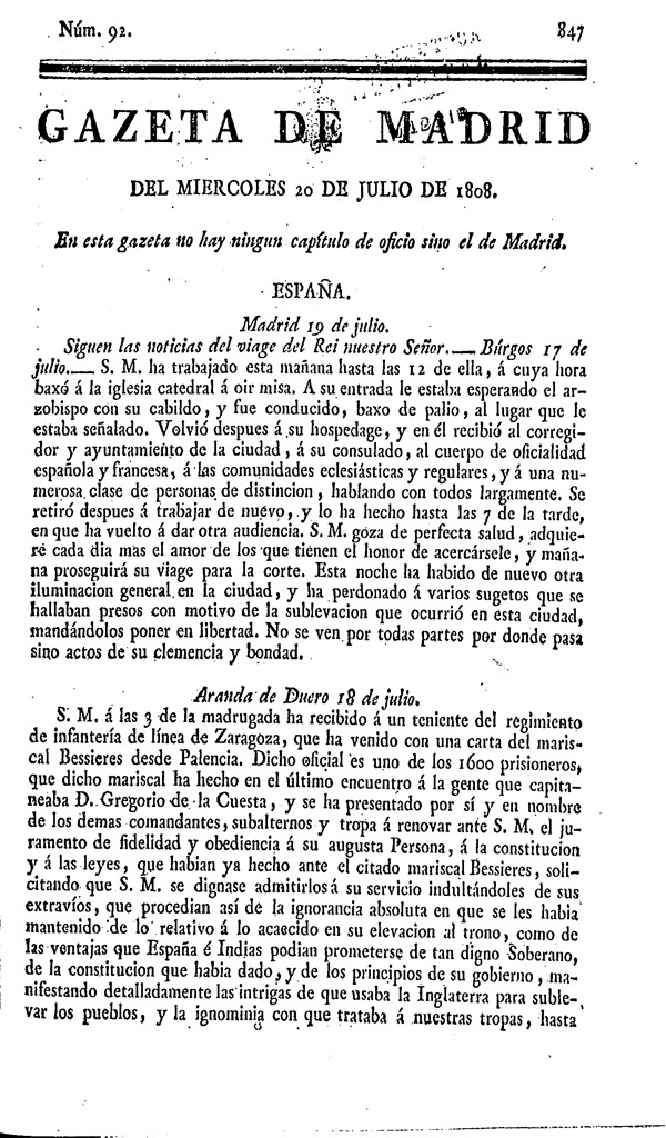 Miniatura de Gazeta de Madrid del miercoles 20 de julio de 1808