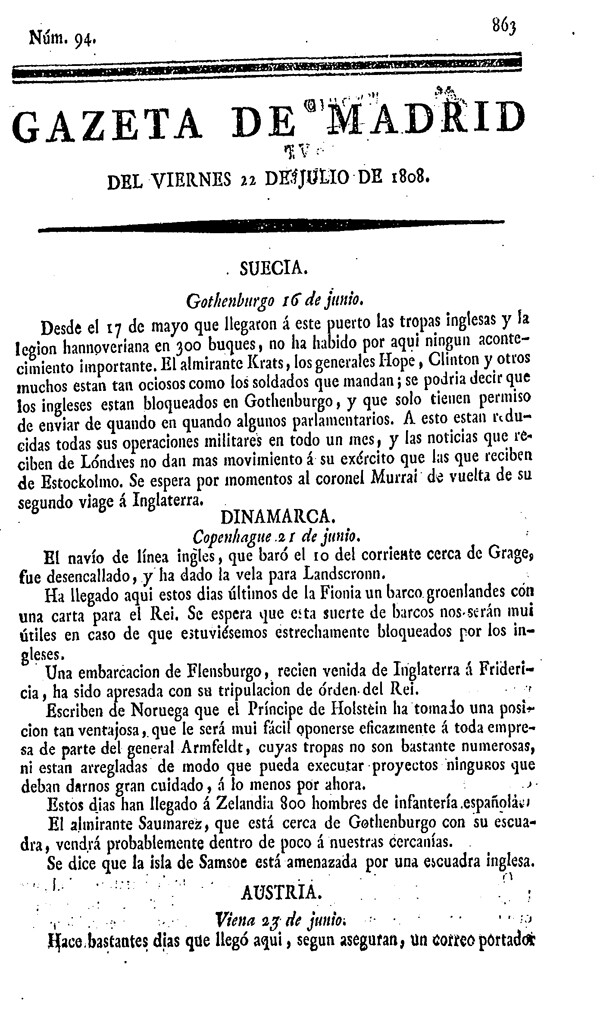 Miniatura de Gazeta de Madrid del viernes 22 de julio de 1808