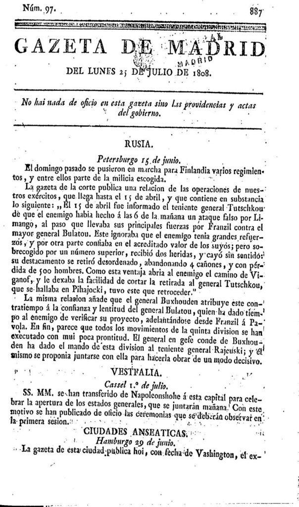 Miniatura de Gazeta de Madrid del lunes 25 de julio de 1808