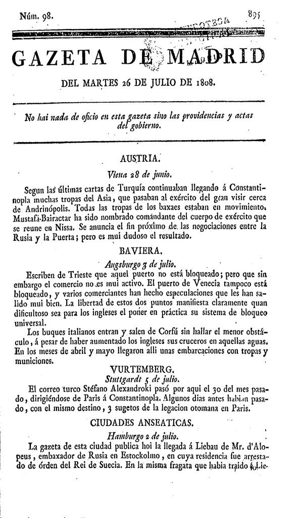 Miniatura de Gazeta de Madrid del martes 26 de julio de 1808