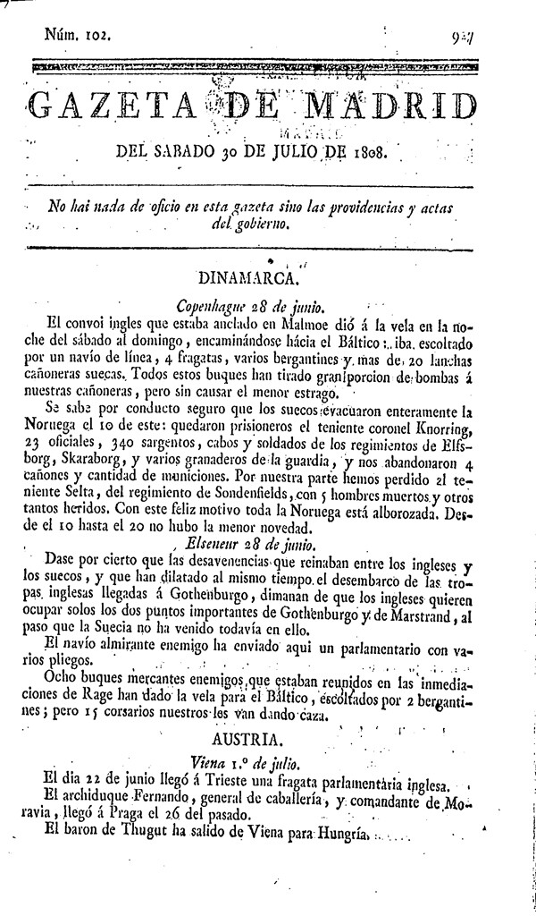 Miniatura de Gazeta de Madrid del sábado 30 de julio de 1808