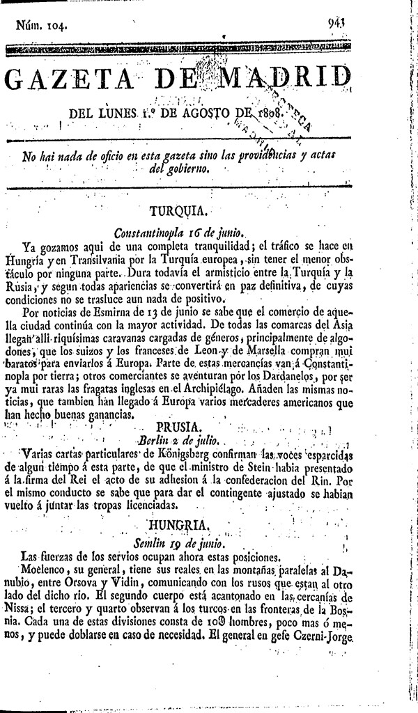 Miniatura de Gazeta de Madrid del 1 de agosto de 1808