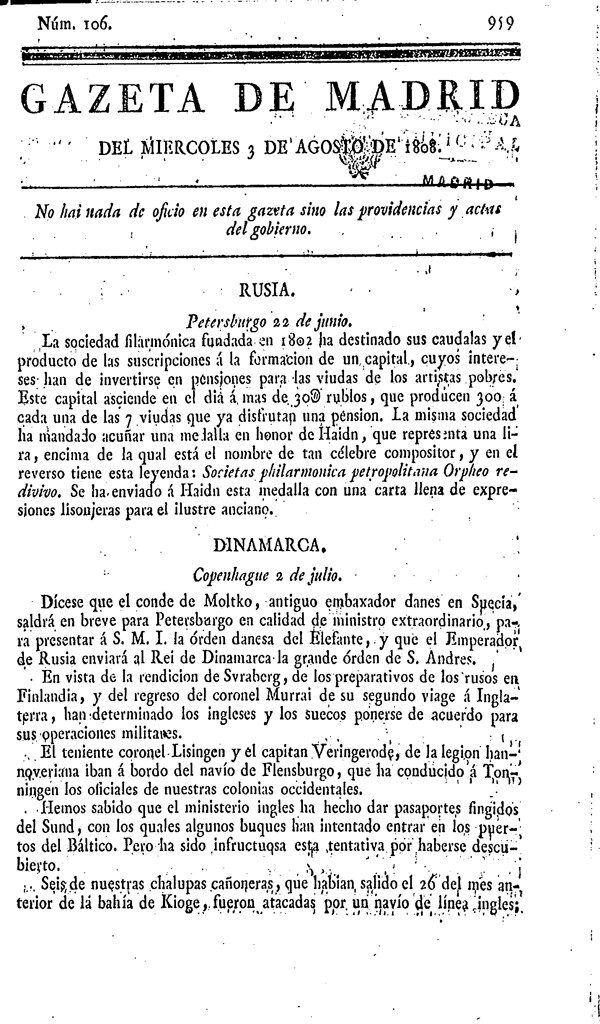 Miniatura de Gazeta de Madrid del 3 de agosto de 1808