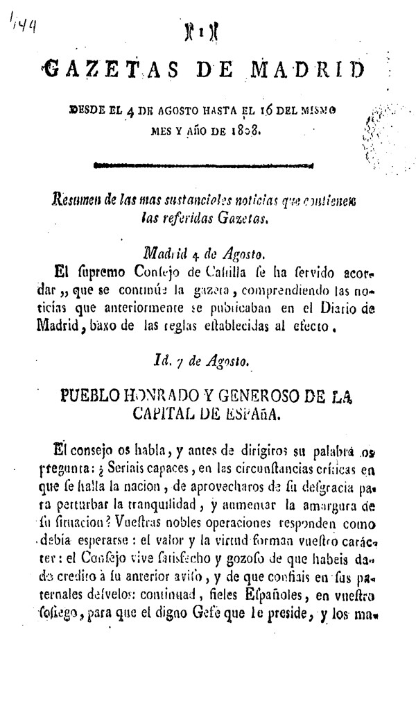 Miniatura de Gazeta de Madrid del 4 de agosto de 1808