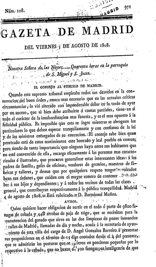 Miniatura de Gazeta de Madrid del viernes 5 de agosto de 1808