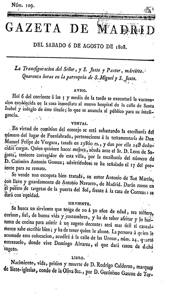 Miniatura de Gazeta de Madrid del 6 de agosto de 1808