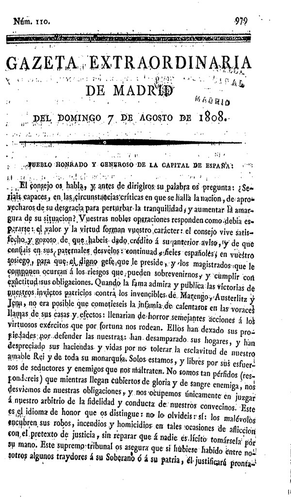 Miniatura de Gazeta de Madrid del 7 de agosto de 1808