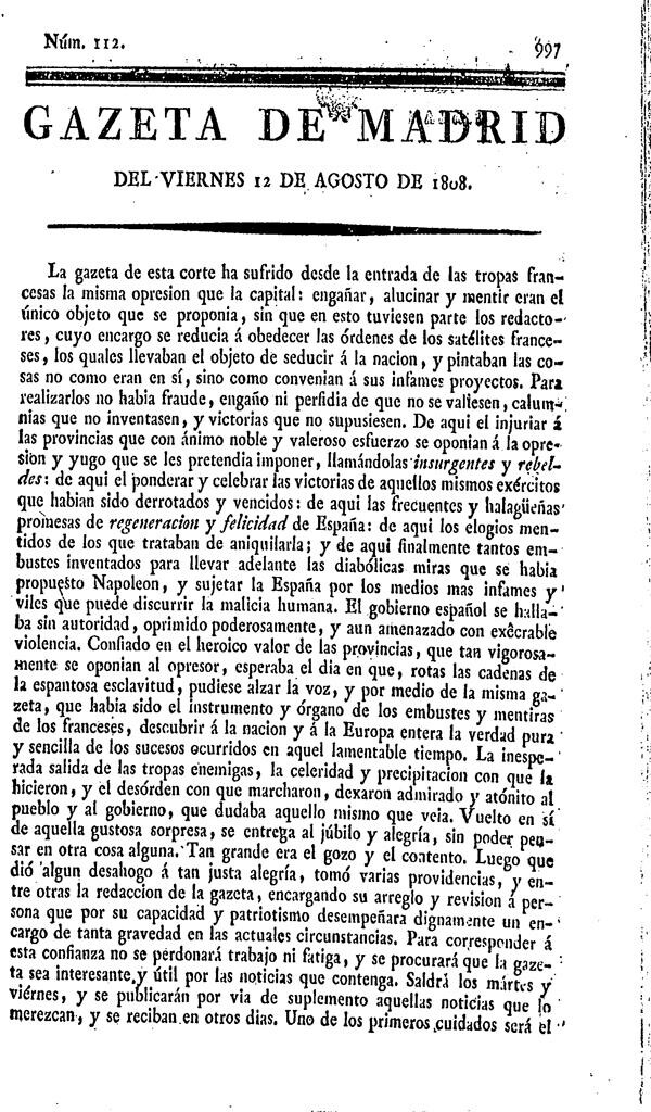 Miniatura de Gazeta de Madrid del 12 de agosto de 1808