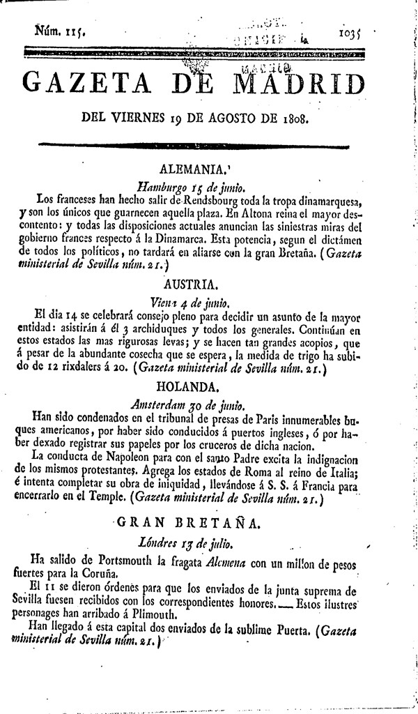Miniatura de Gazeta de Madrid del 19 de agosto de 1808