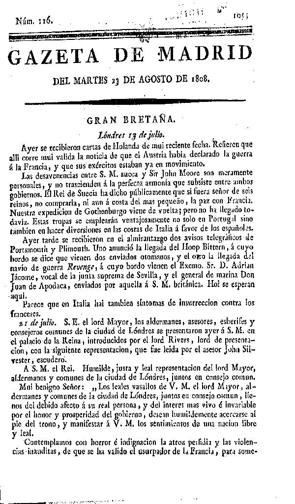 Miniatura de Gazeta de Madrid del martes 23 de agosto de 1808