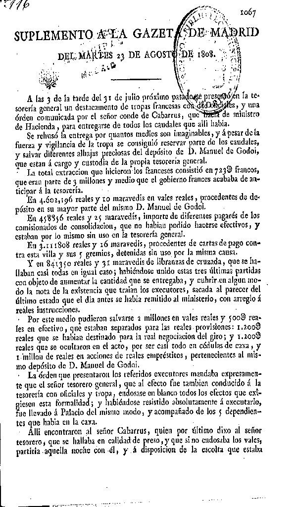 Miniatura de Gazeta de Madrid del martes 23 de agosto de 1808. Suplemento