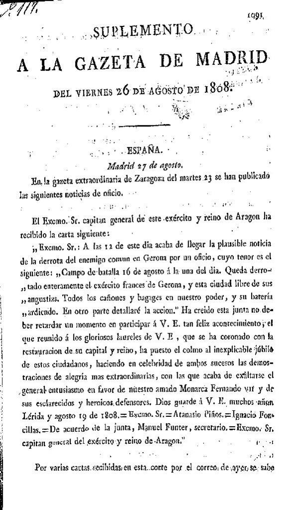 Miniatura de Gazeta de Madrid del viernes 26 de agosto de 1808. Suplemento