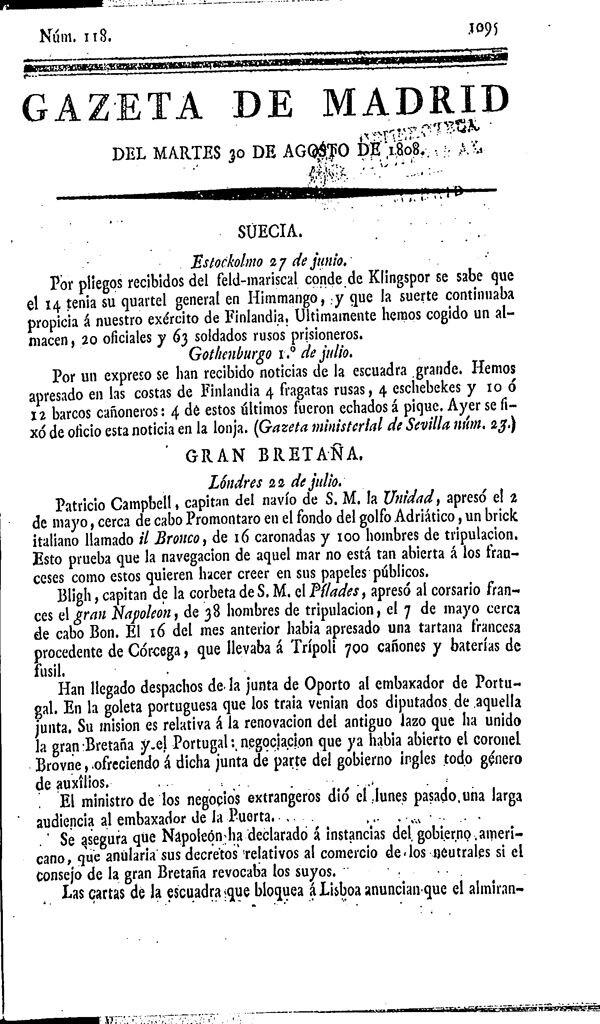 Miniatura de Gazeta de Madrid del martes 30 de agosto de 1808