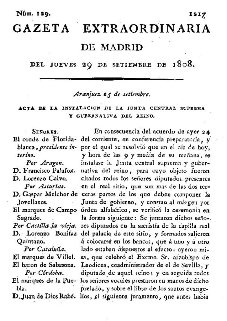 Miniatura de Gazeta de Madrid del jueves 29 de septiembre de 1808