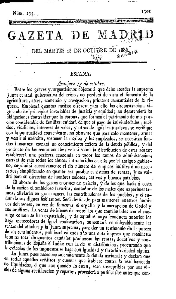 Miniatura de Gazeta de Madrid del martes 18 de octubre de 1808