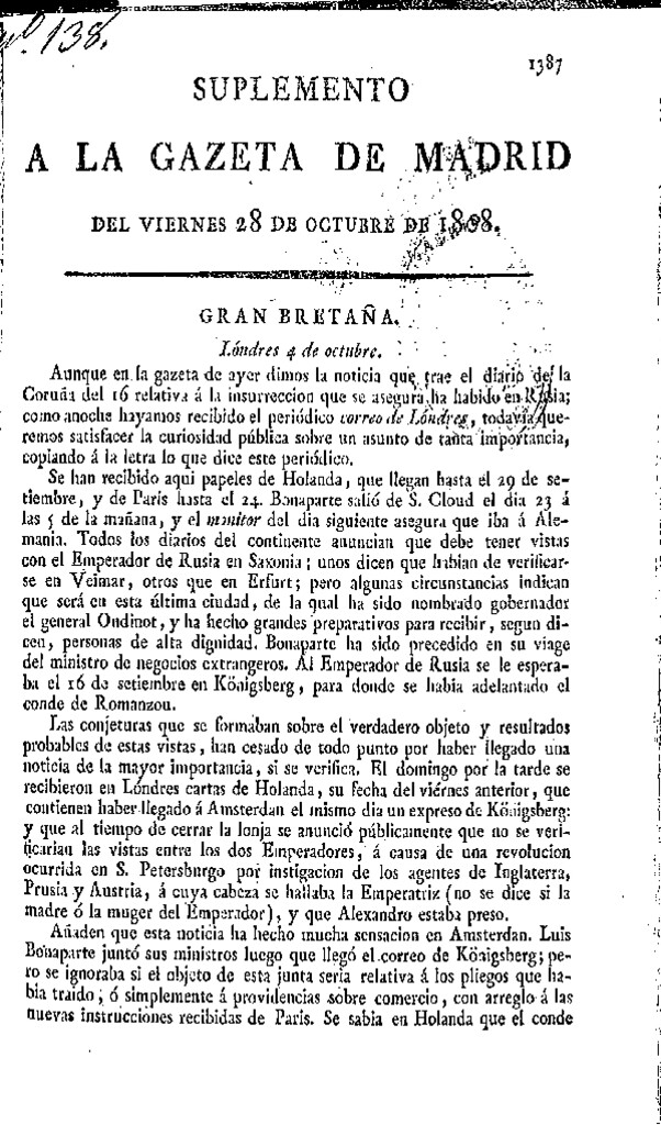 Miniatura de Gazeta de Madrid del viernes 28 de octubre de 1808. Suplemento
