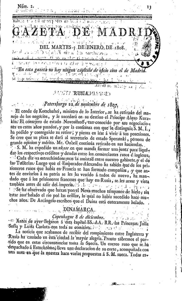 Miniatura de Gazeta de Madrid del martes 5 de enero de 1808