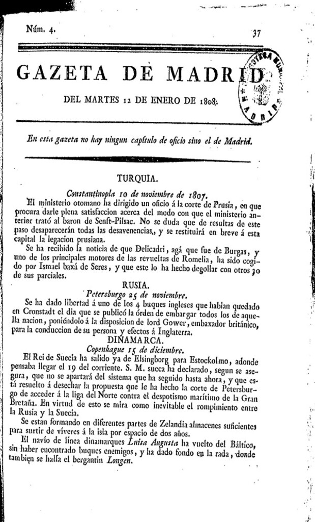 Miniatura de Gazeta de Madrid del martes 12 de enero de 1808