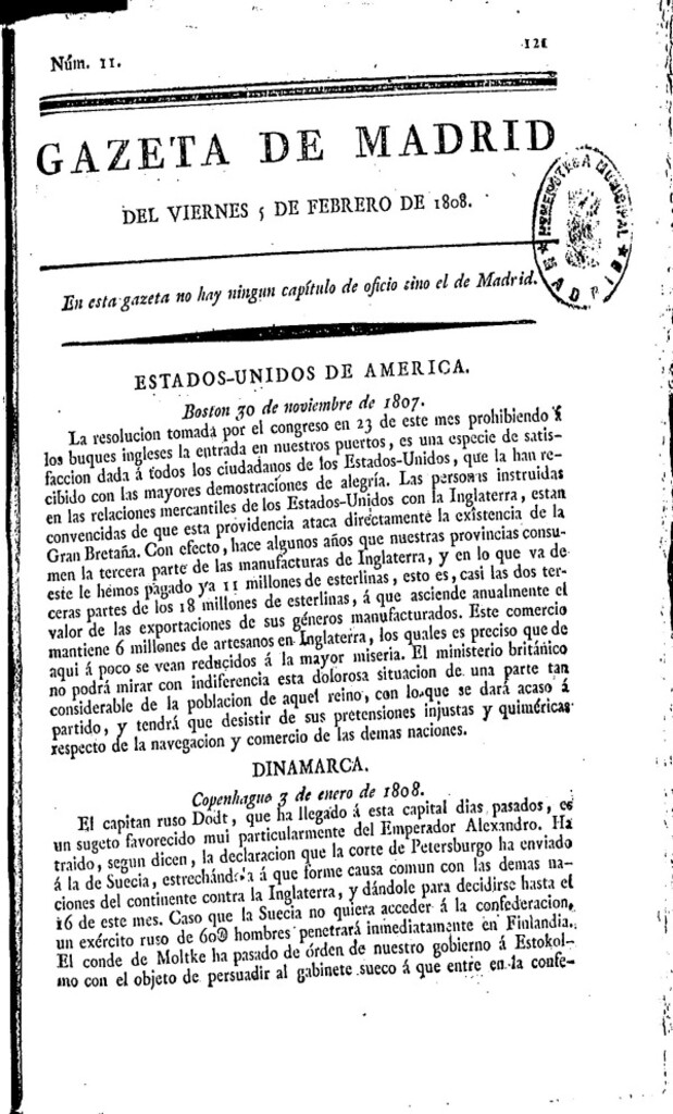 Miniatura de Gazeta de Madrid del viernes 5 de febrero de 1808