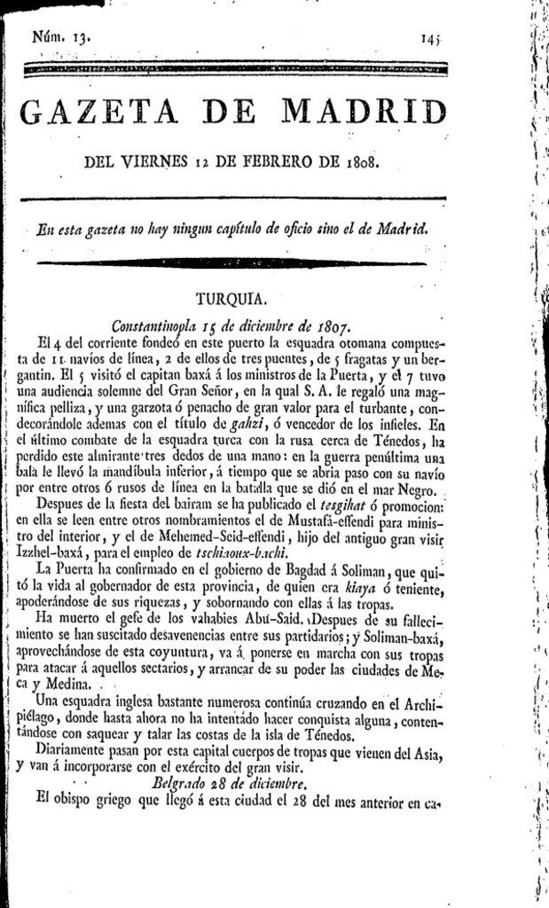 Miniatura de Gazeta de Madrid del viernes 12 de febrero de 1808
