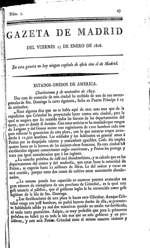 Miniatura de Gazeta de Madrid del viernes 15 de enero de 1808