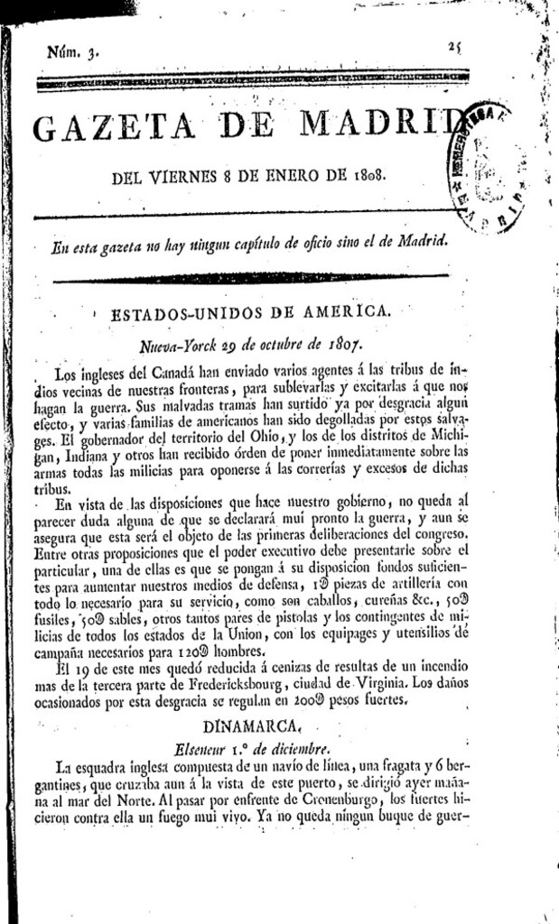 Miniatura de Gazeta de Madrid del viernes 8 de enero de 1808