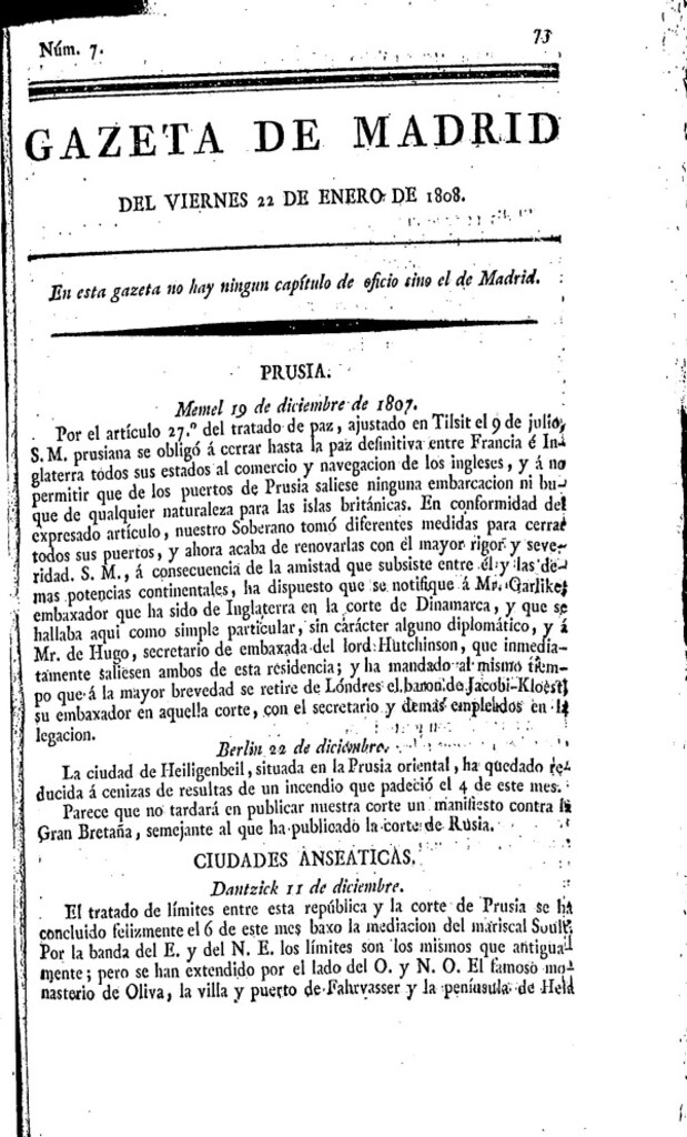 Miniatura de Gazeta de Madrid del viernes 22 de enero de 1808