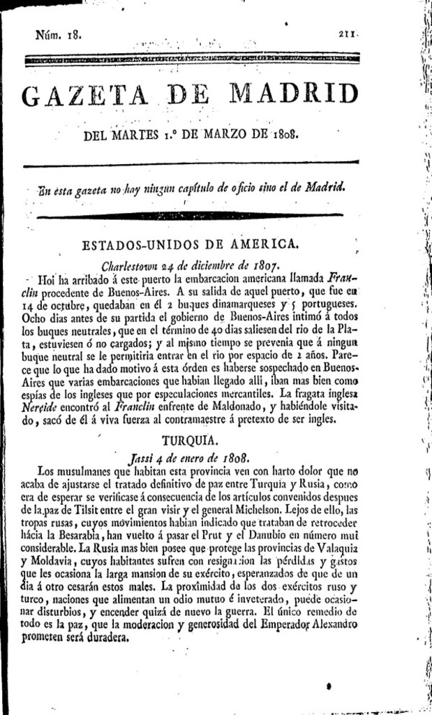 Miniatura de Gazeta de Madrid del martes 1 de marzo de 1808
