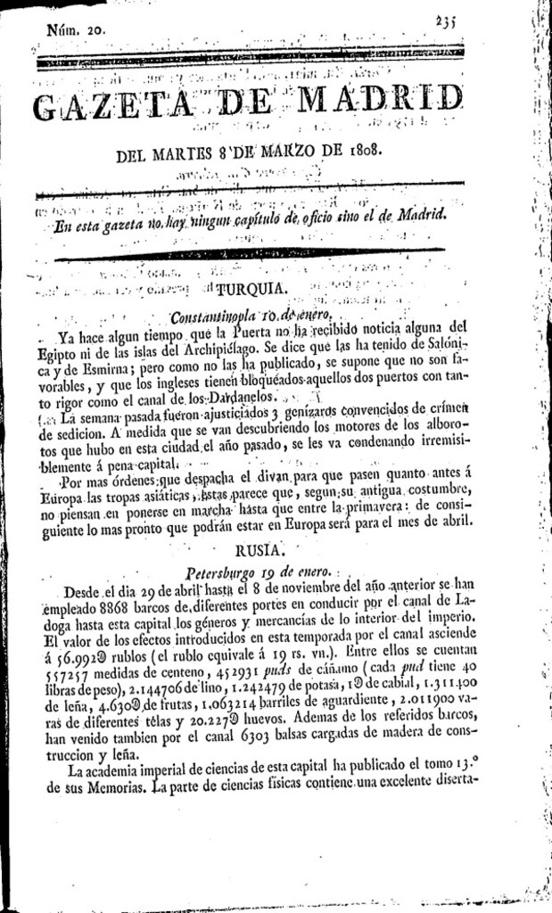 Miniatura de Gazeta de Madrid del martes 8 de marzo de 1808