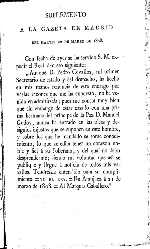 Miniatura de Gazeta de Madrid del martes 22 de marzo de 1808 (Suplemento)