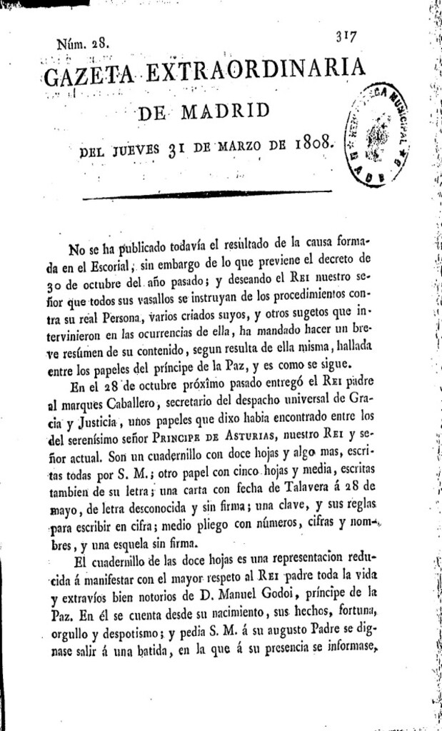 Miniatura de Gazeta de Madrid del jueves 31 de marzo de 1808
