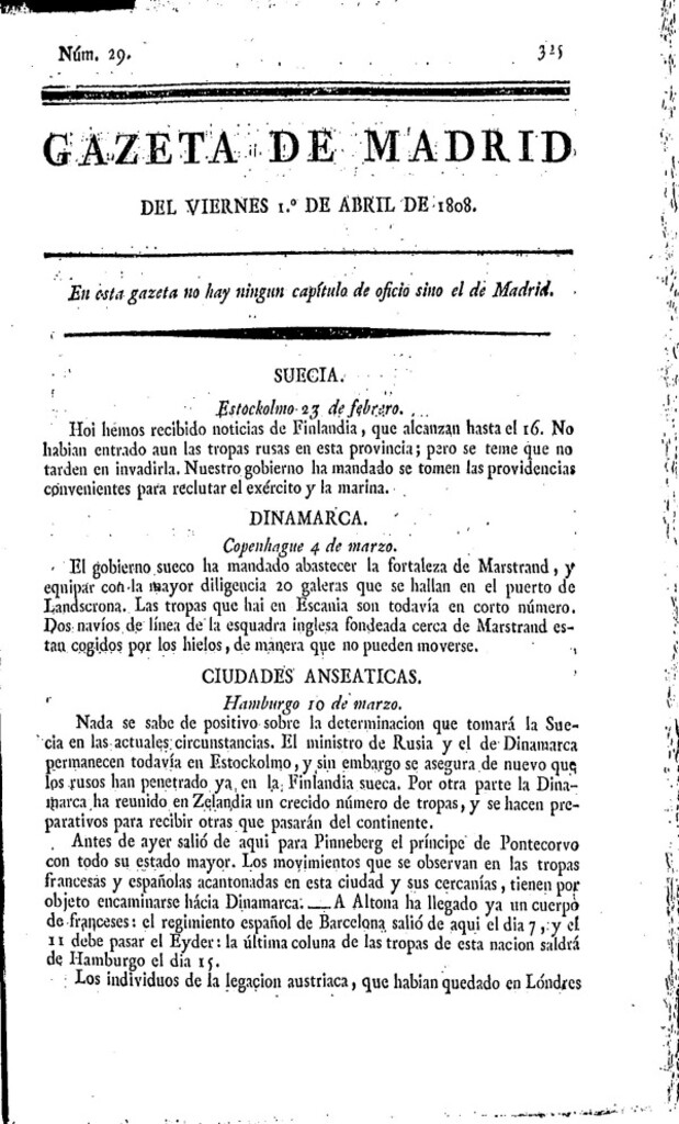 Miniatura de Gazeta de Madrid del viernes 1 de abril de 1808