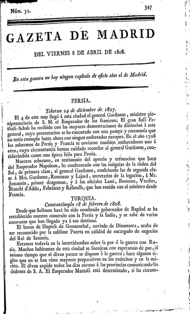 Miniatura de Gazeta de Madrid del viernes 8 de abril de 1808