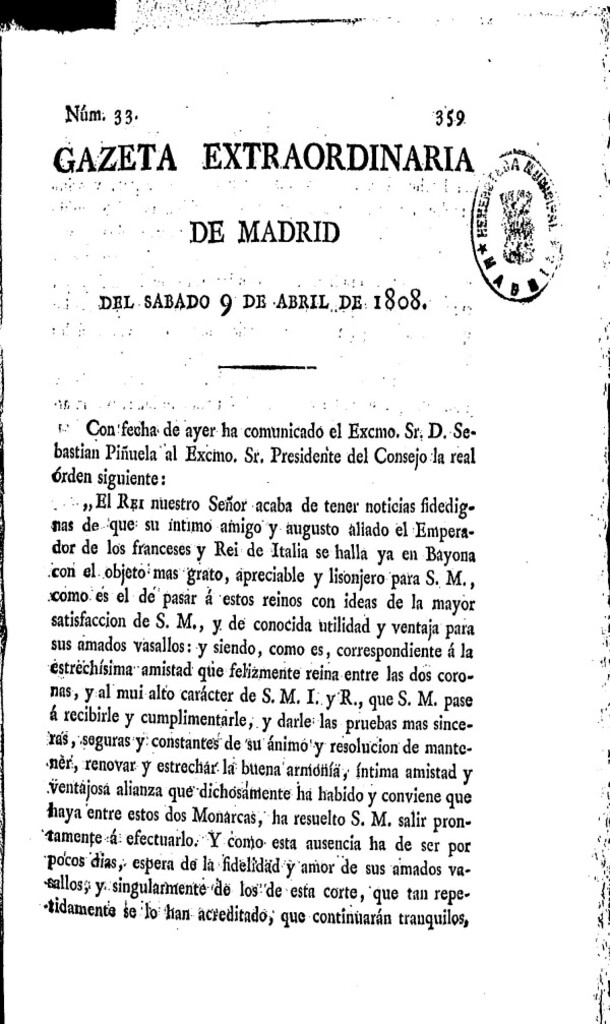 Miniatura de Gazeta de Madrid del sábado 9 de abril de 1808 (Extraordinaria)