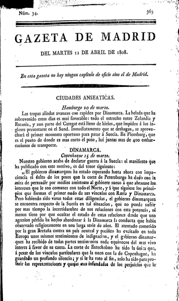 Miniatura de Gazeta de Madrid del martes 12 de abril de 1808