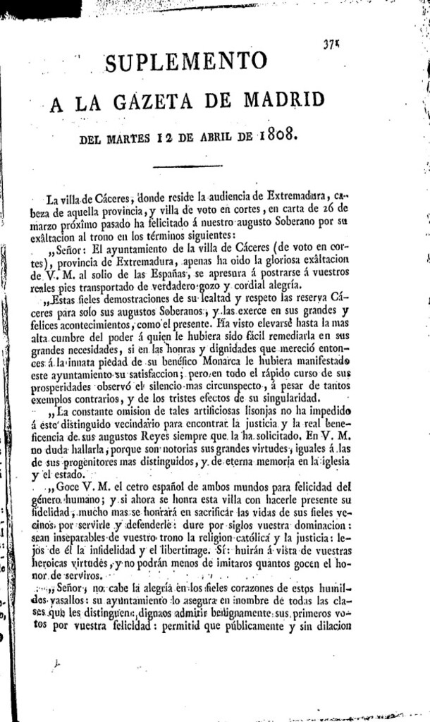 Miniatura de Gazeta de Madrid del martes 12 de abril de 1808 (Suplemento)