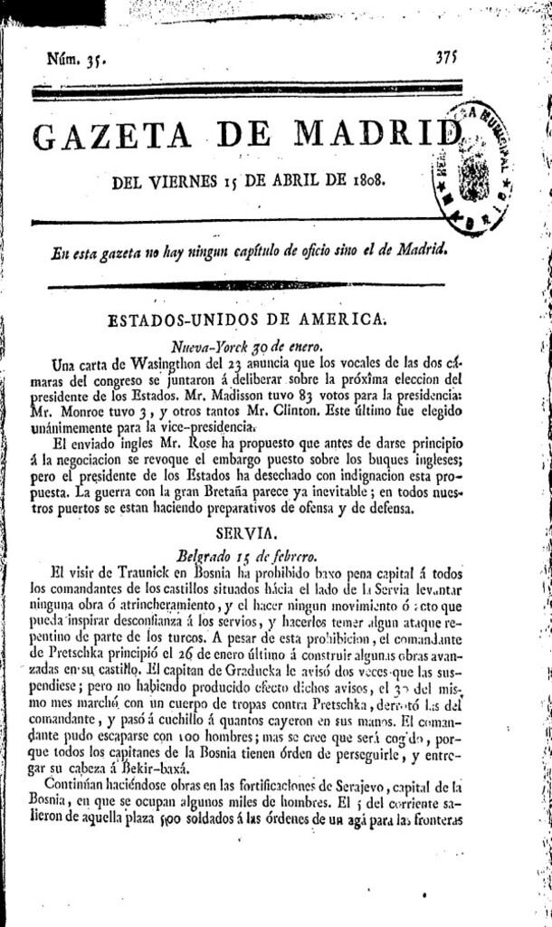 Miniatura de Gazeta de Madrid del viernes 15 de abril de 1808