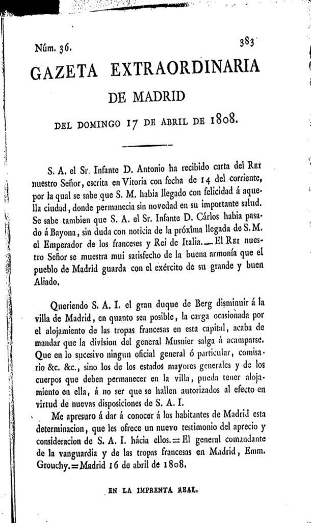 Miniatura de Gazeta de Madrid del domingo 17 de abril de 1808 (Extraordinario)