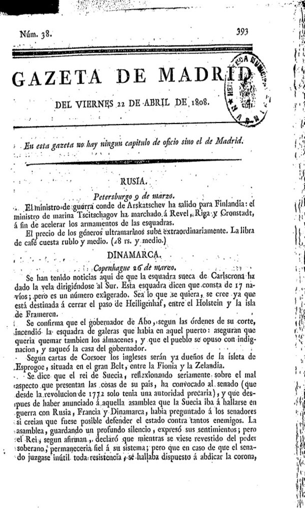 Miniatura de Gazeta de Madrid del viernes 22 de abril de 1808
