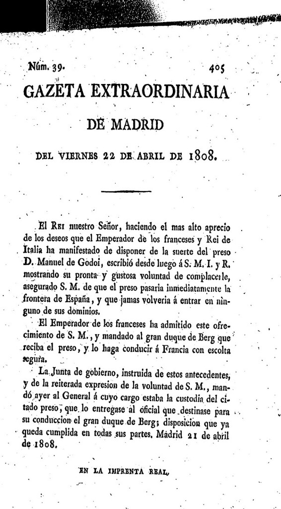 Miniatura de Gazeta de Madrid del viernes 22 de abril de 1808 (Excepcional)