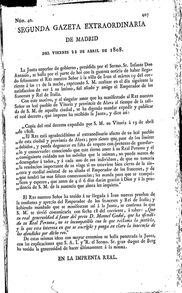 Miniatura de Gazeta de Madrid del viernes 22 de abril de 1808 (Segunda Excepcional)