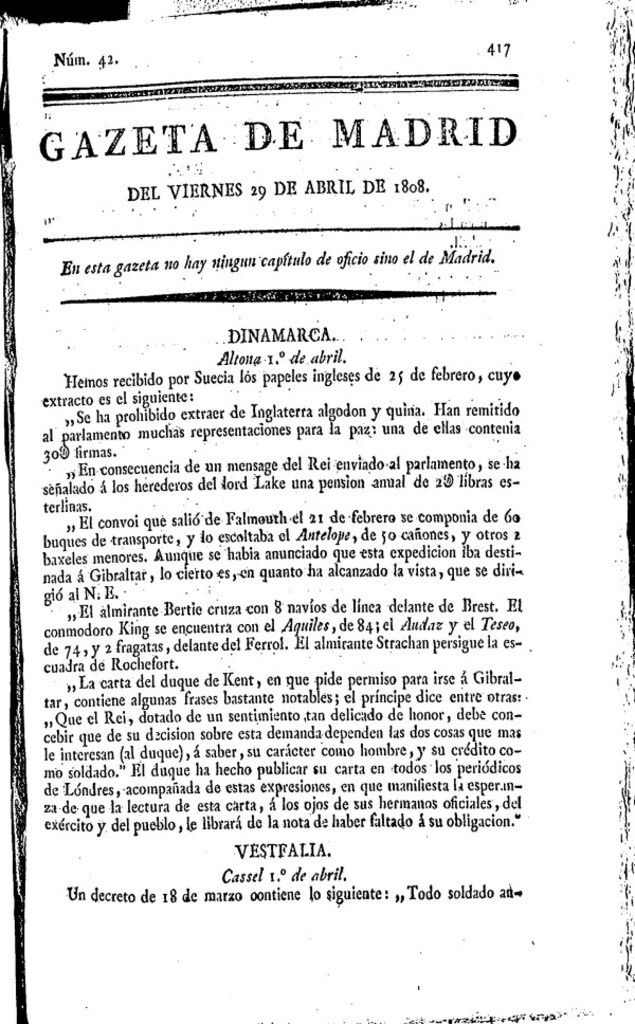 Miniatura de Gazeta de Madrid del viernes 29 de abril de 1808