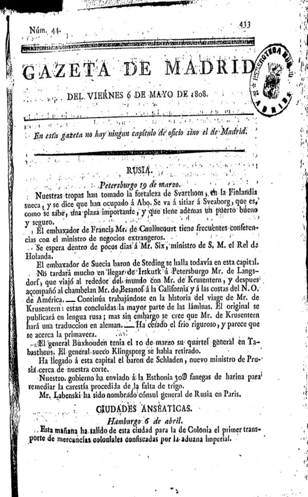 Miniatura de Gazeta de Madrid del viernes 6 de mayo de 1808