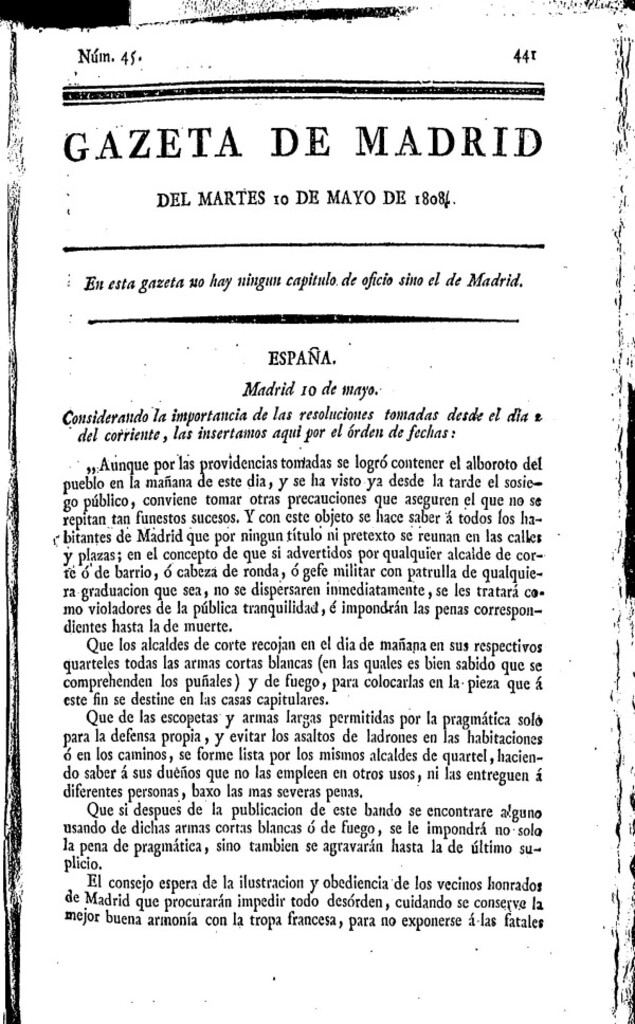Miniatura de Gazeta de Madrid del martes 10 de mayo de 1808