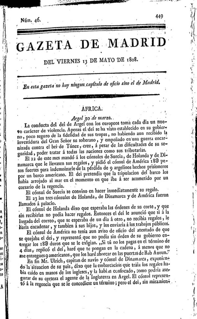 Miniatura de Gazeta de Madrid del viernes 13 de mayo de 1808