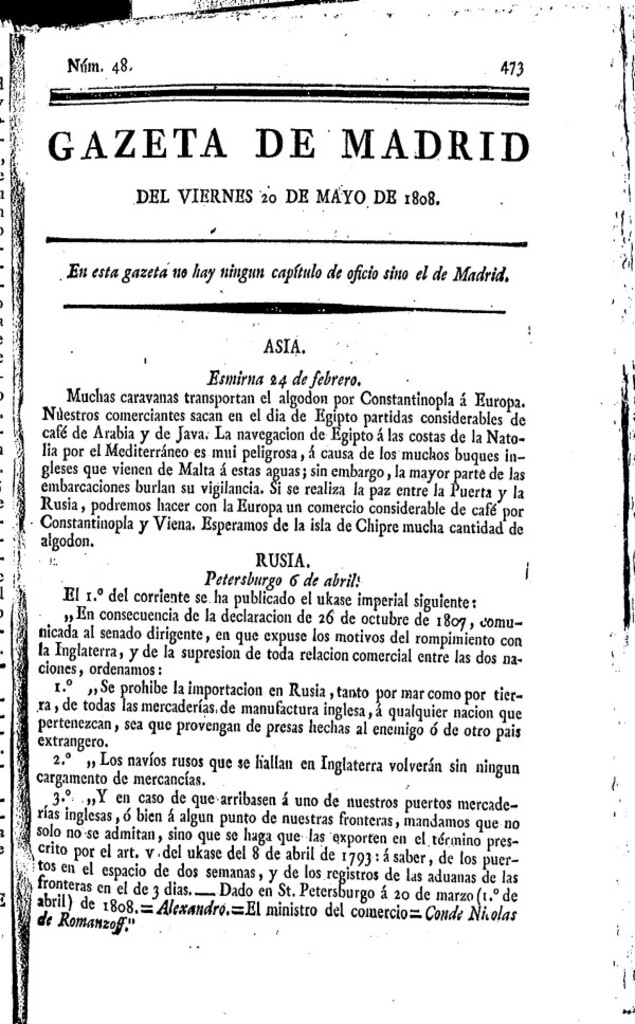 Miniatura de Gazeta de Madrid del viernes 20 de mayo de 1808