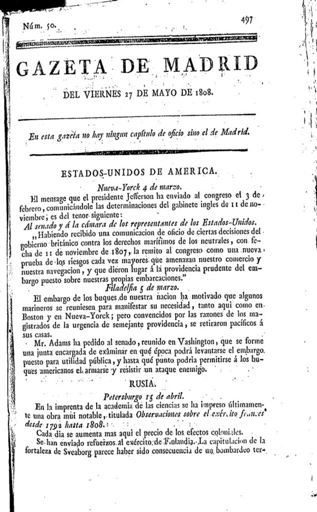 Miniatura de Gazeta de Madrid del viernes 27 de mayo de 1808