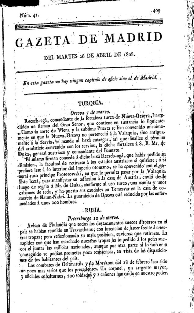 Miniatura de Gazeta de Madrid del viernes 26 de abril de 1808