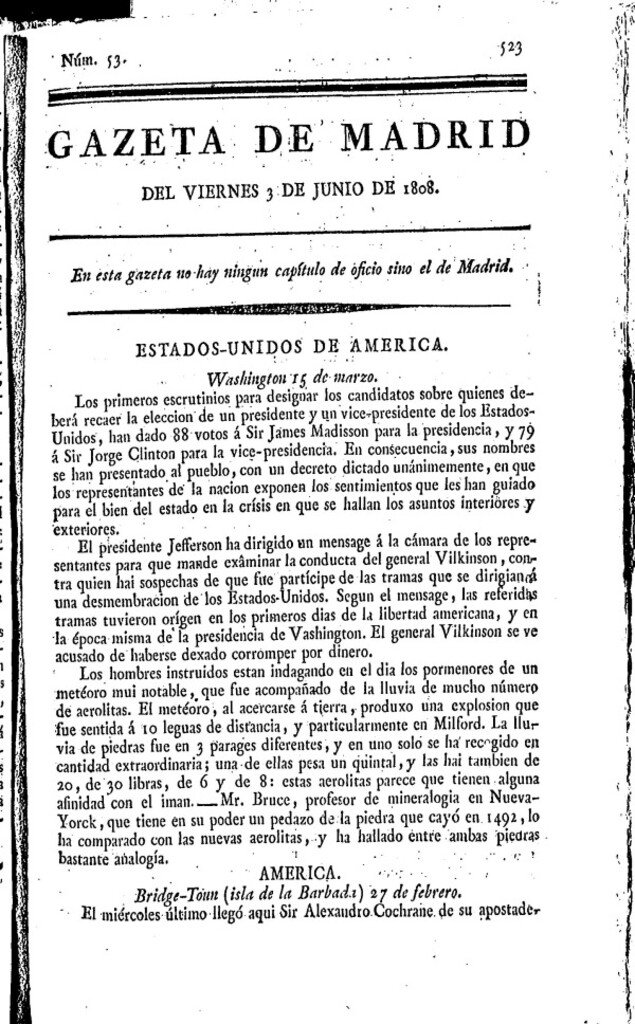 Miniatura de Gazeta de Madrid del viernes 3 de junio de 1808