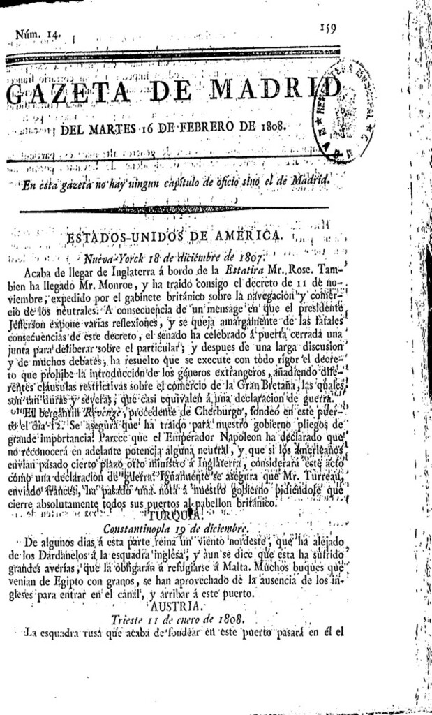 Miniatura de Gazeta de Madrid del martes 16 de febrero de 1808